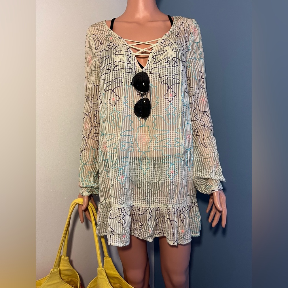 LIKE NEW! Free People Womens Small Long Sleeve Sheer Beach Cover Up Dress